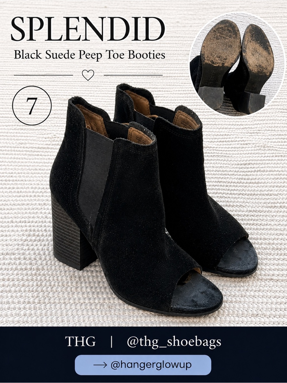 Splendid Black Suede Peep Toe Block Heel Booties Size 7